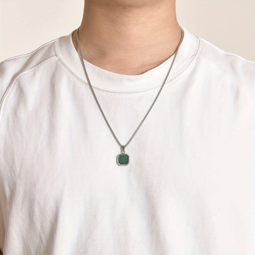 Stainless Steel Green Stone Three-dimensional Square Pendant Necklace Stylish Men's Pendant Necklace - NobleHeritageCharms