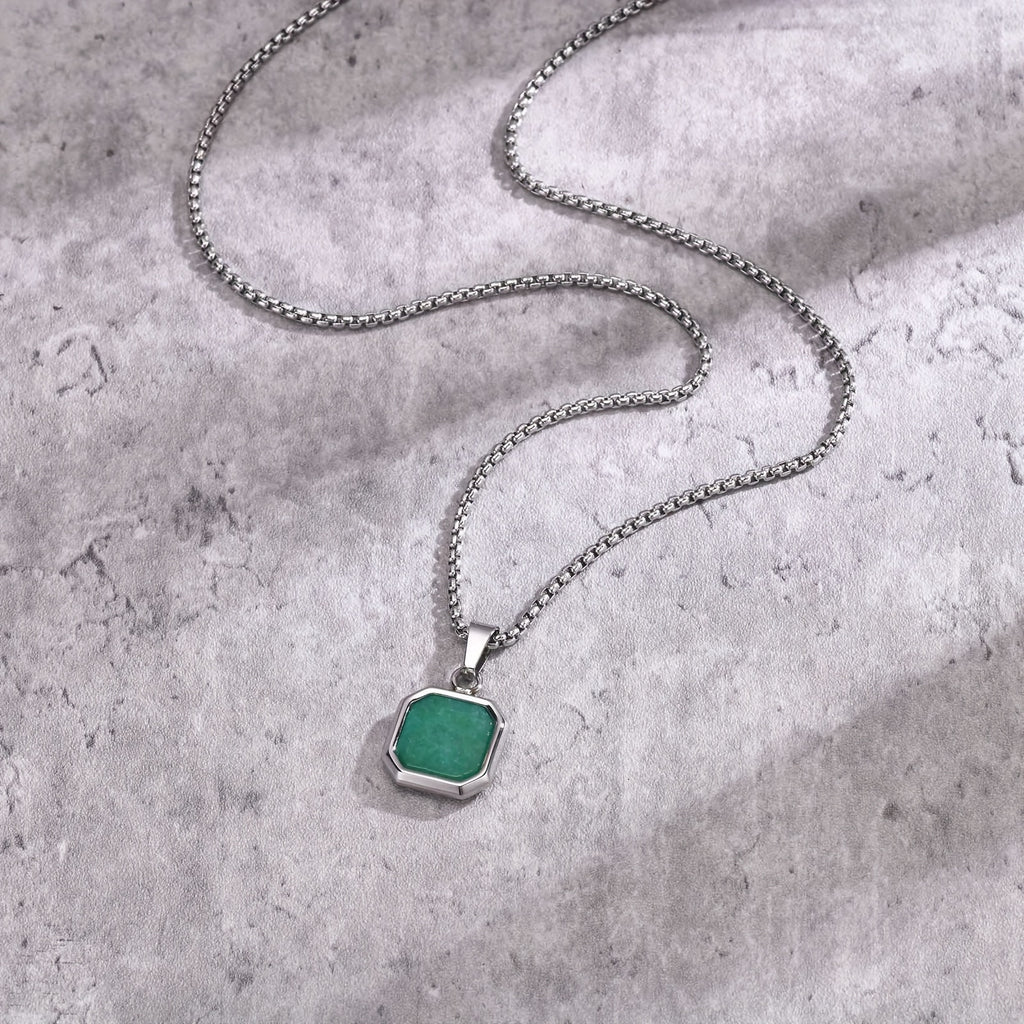 Stainless Steel Green Stone Three-dimensional Square Pendant Necklace Stylish Men's Pendant Necklace - NobleHeritageCharms