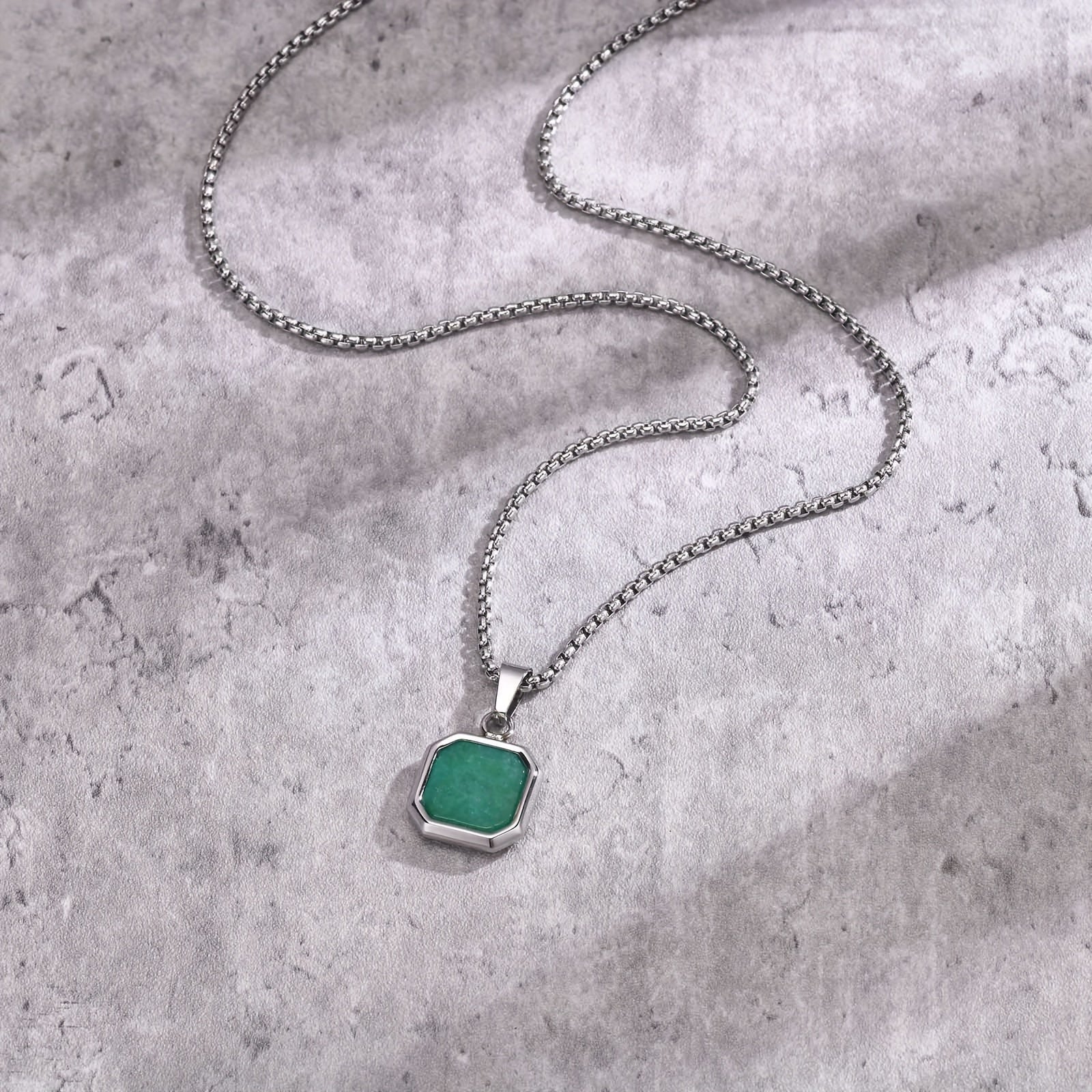 Stainless Steel Green Stone Three-dimensional Square Pendant Necklace Stylish Men's Pendant Necklace - NobleHeritageCharms