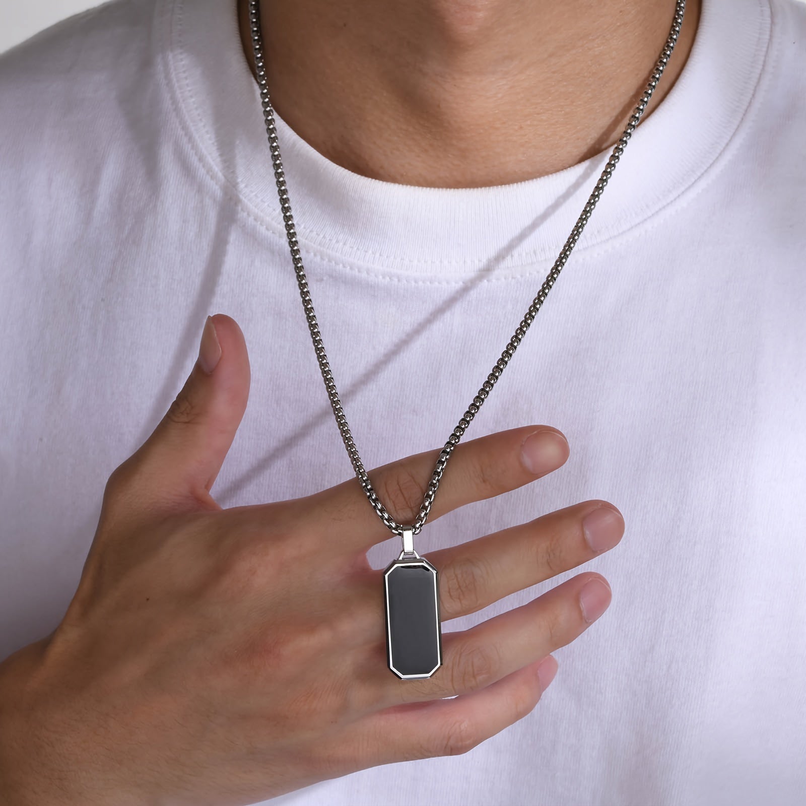 1pc Elegant Men's Stainless Steel Necklace with Sleek Black Enamel Geometric Pendant - Durable 201 Stainless Steel, Ideal Personal Gift for Him - NobleHeritageCharms