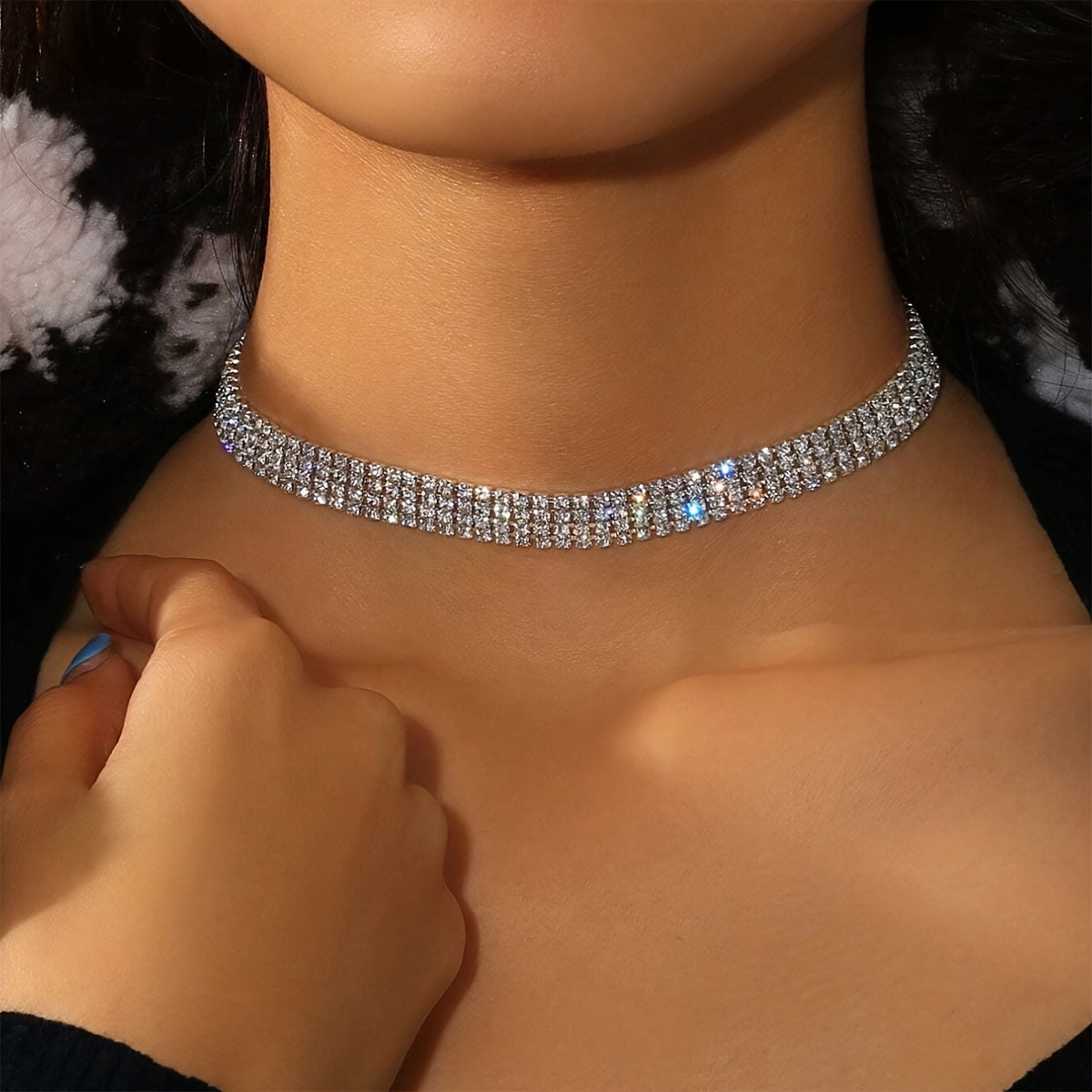 Elegant Silvery-Plated Rhinestone Choker Necklace for Women - 4 Rows of Sparkling Gems, Perfect for Parties & Evening Events - NobleHeritageCharms