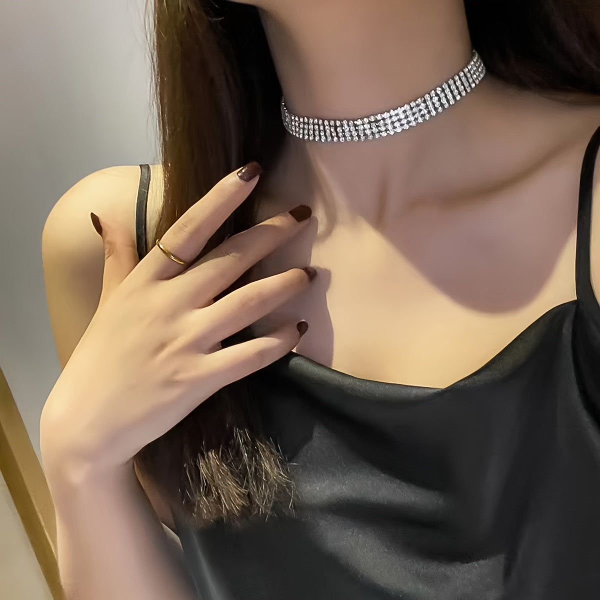 Elegant Silvery-Plated Rhinestone Choker Necklace for Women - 4 Rows of Sparkling Gems, Perfect for Parties & Evening Events - NobleHeritageCharms