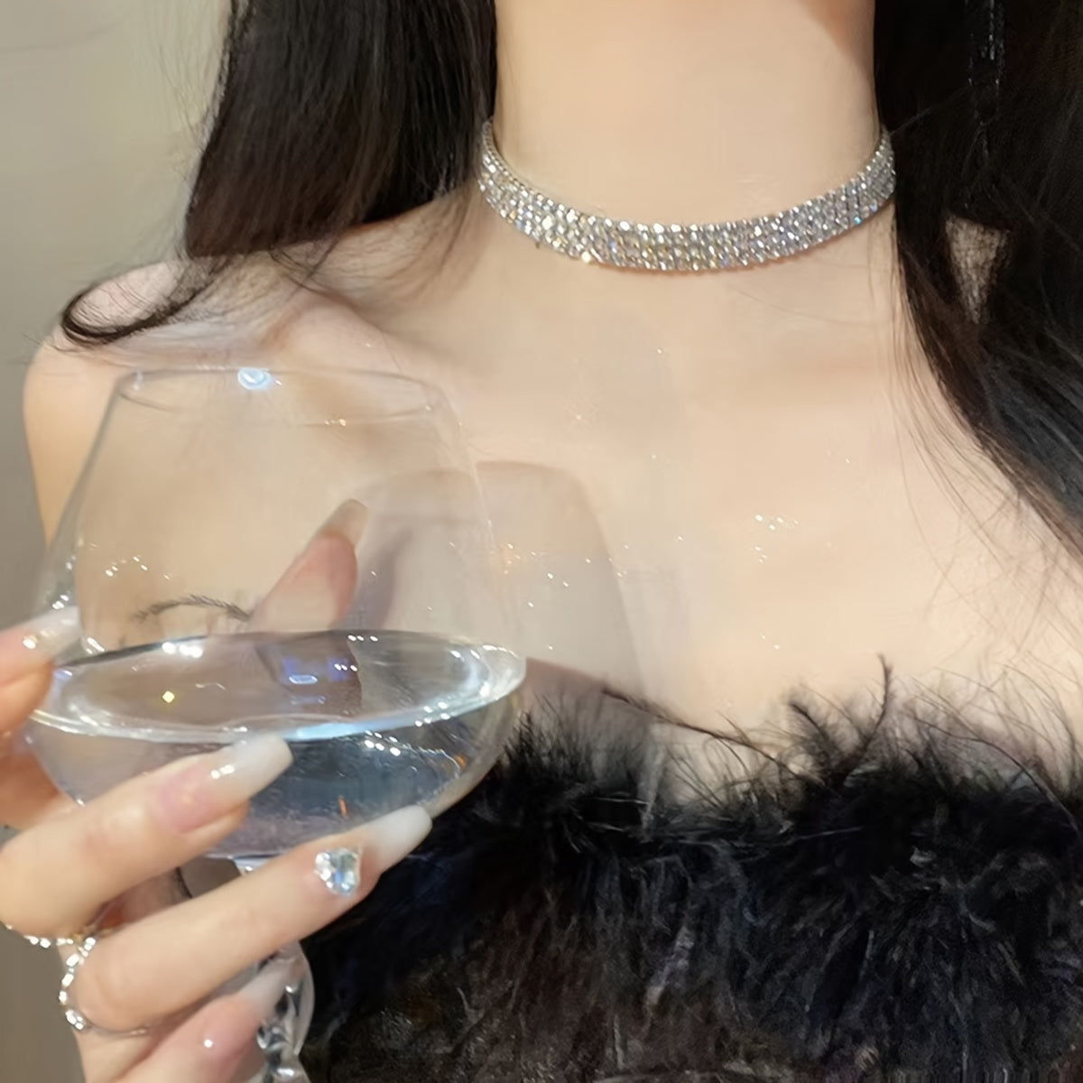 Elegant Silvery-Plated Rhinestone Choker Necklace for Women - 4 Rows of Sparkling Gems, Perfect for Parties & Evening Events - NobleHeritageCharms