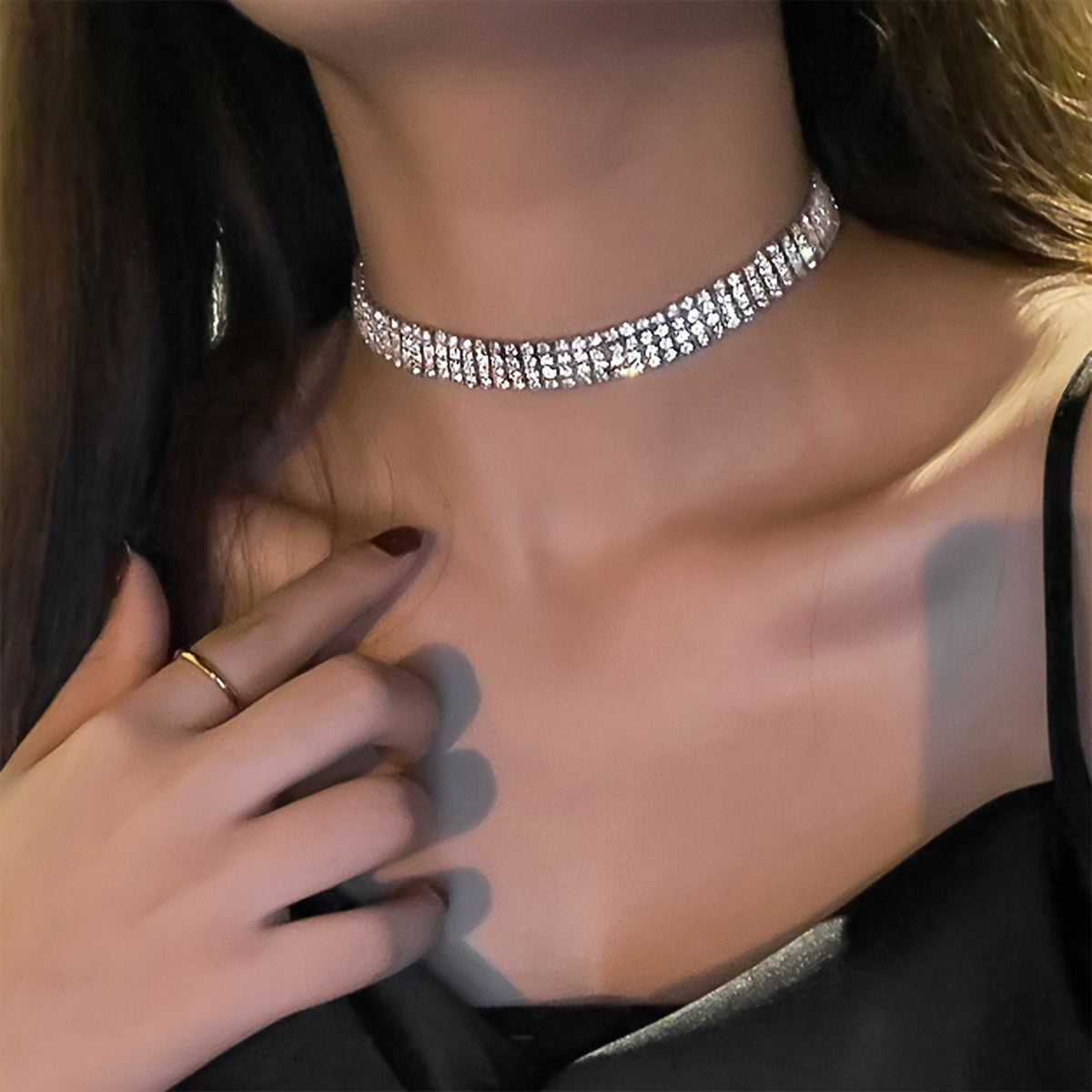 Elegant Silvery-Plated Rhinestone Choker Necklace for Women - 4 Rows of Sparkling Gems, Perfect for Parties & Evening Events - NobleHeritageCharms